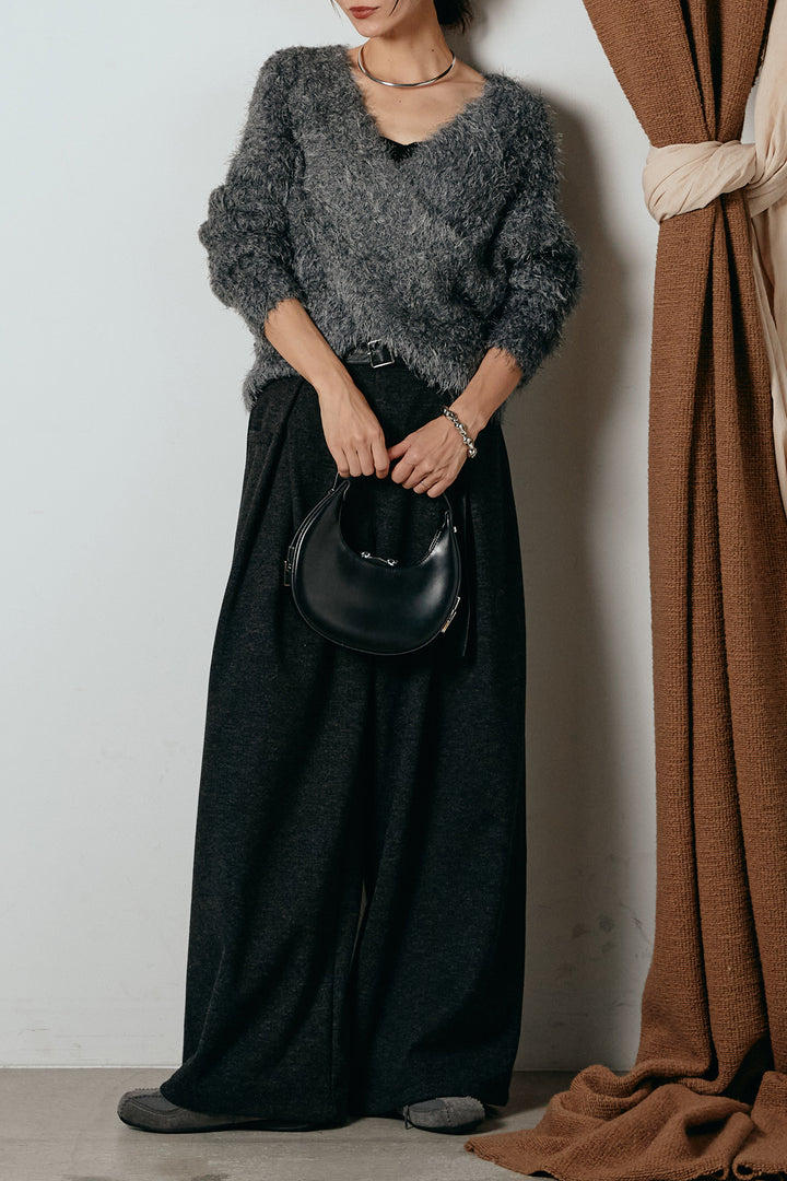 [SET]シャギークロスニットトップス+細ベルト付き起毛タックワイドパンツ(2set)