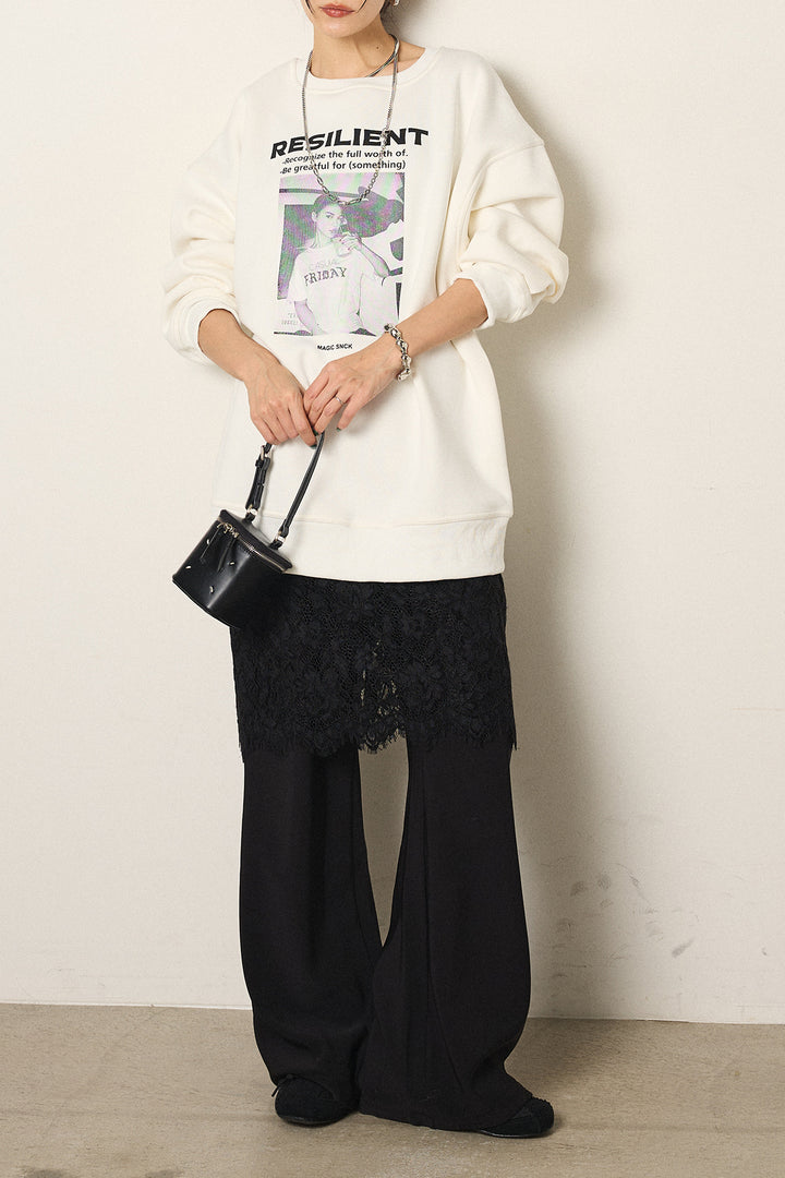 [SET]モノトーンプリントスウェット+レース刺繍レイヤードフレアパンツ(2set)