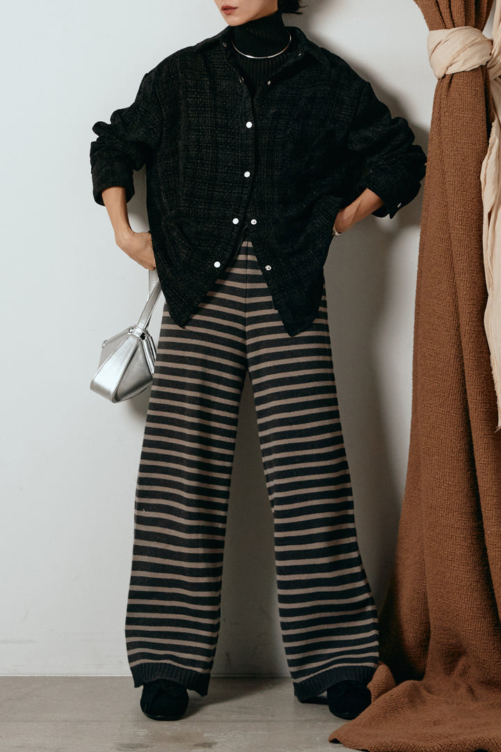 [SET]ルーズクラッシュツイルシャツ+リブニットシームレスタートルプルオーバー+ボーダーリラックスニットパンツ(3set)