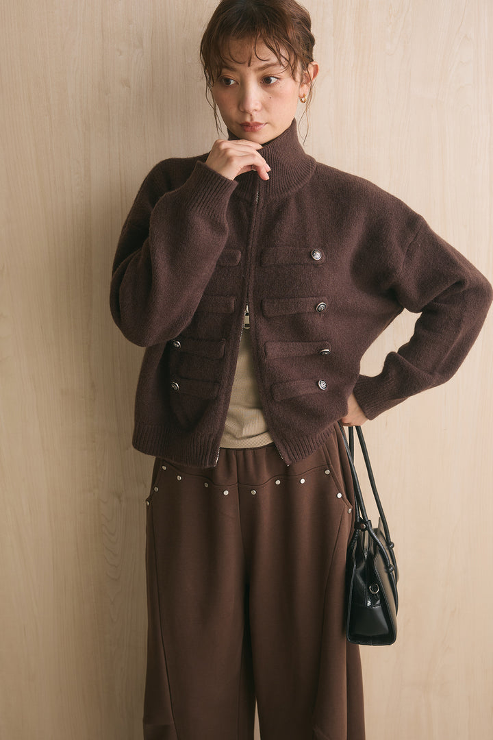 [SET]ナポレオンボタンハイネックニットブルゾン+スタッズ付きニーサイドタックスウェットパンツ(2set)