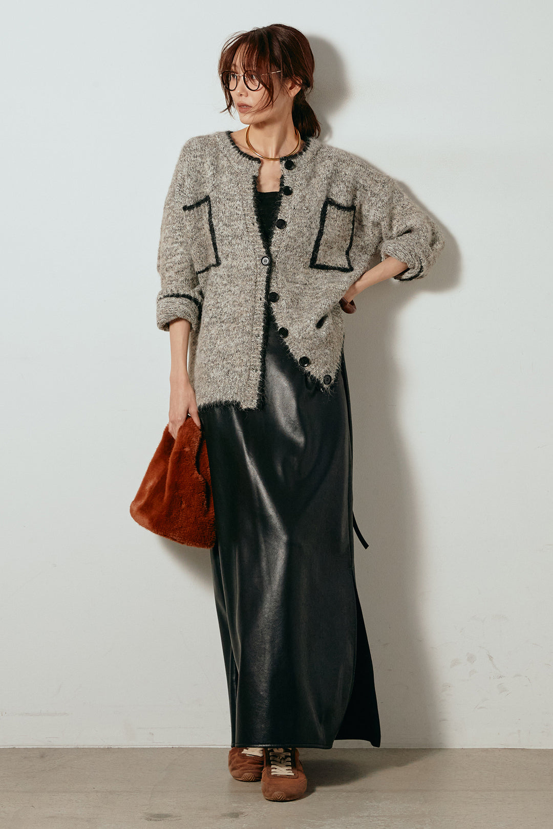 [SET]ミックスニットポケットカーディガン+紐付きフェイクレザーワイドスカート(2set)