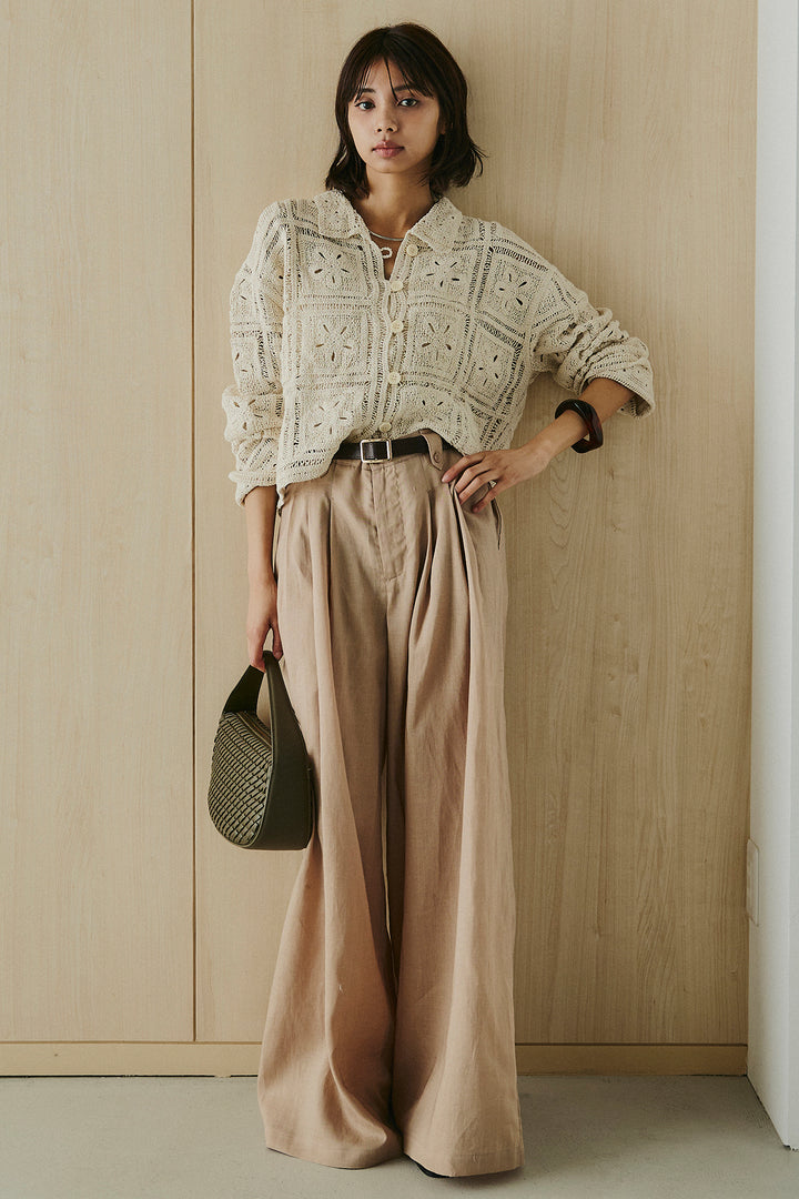 [SET]鍵編みフラワーレースカーディガン+タック入りワイドパンツ(2set)