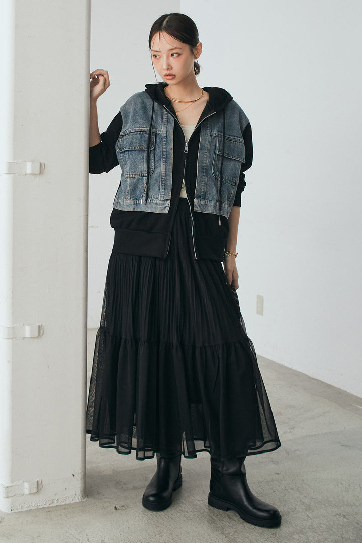 [SET]デニム切替ポンチダブルジップパーカー+ボリュームシルエットチュールスカート(2set)