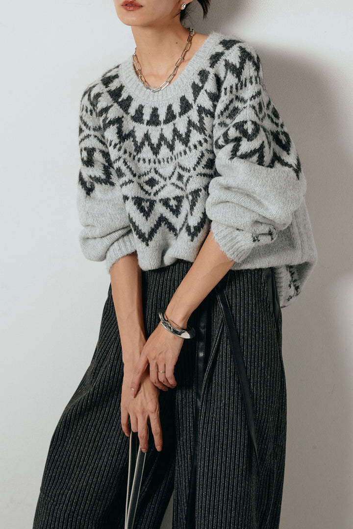 [SET]ノルディック柄Uネックプルオーバー+レザーライク配色ストライプパンツ(2set)