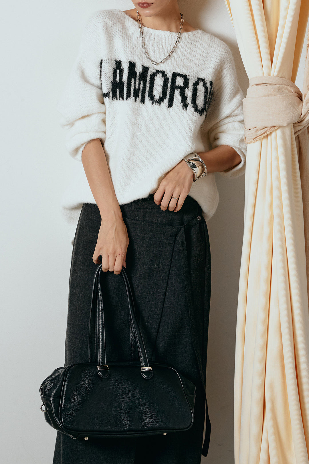 [SET]フロントロゴデザインニットトップス+ラップ巻きワイドスラックス(2set)