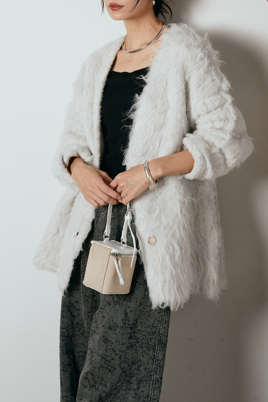 [SET]ウェーブシャギーニットジャケット+ベルト付きニュアンス柄カーブワイドパンツ(2set)