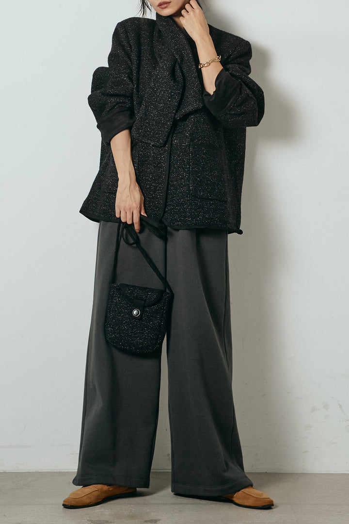 [SET]ノーカラーマフラーバッグ付きアウター+裏起毛スウェットワイドパンツ(2set)