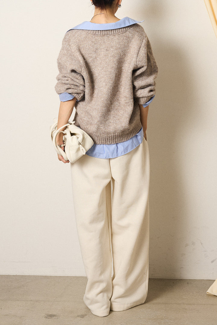 [SET]ストライプシャツドッキングニットポロトップス+裏起毛スウェットワイドパンツ(2set)