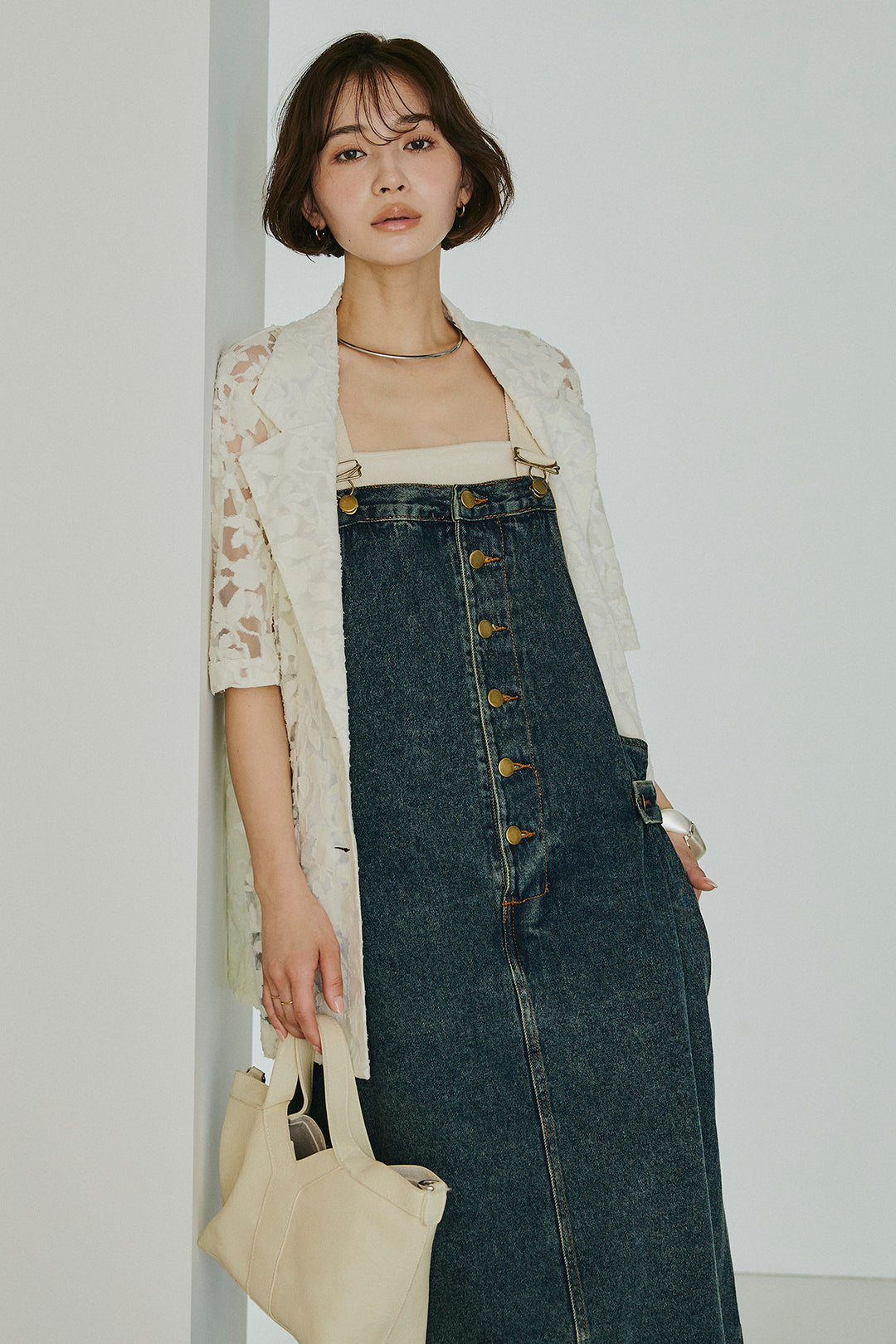 [SET]シアージャガードハーフスリーブテーラードジャケット+配色ショルダーデニムサロペットスカート(2set)