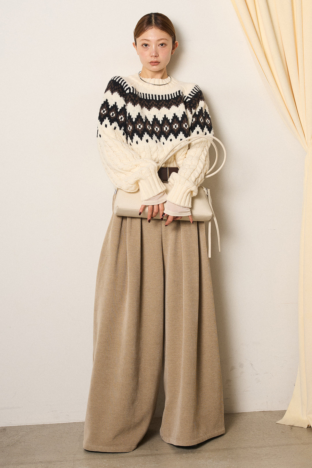 [SET]2WAY求心柄ジャガードショートカーディガン+ベルトループコーデュロイワイドパンツ+2WAY袖コード刺繍クルーネックプルオーバー(3set)