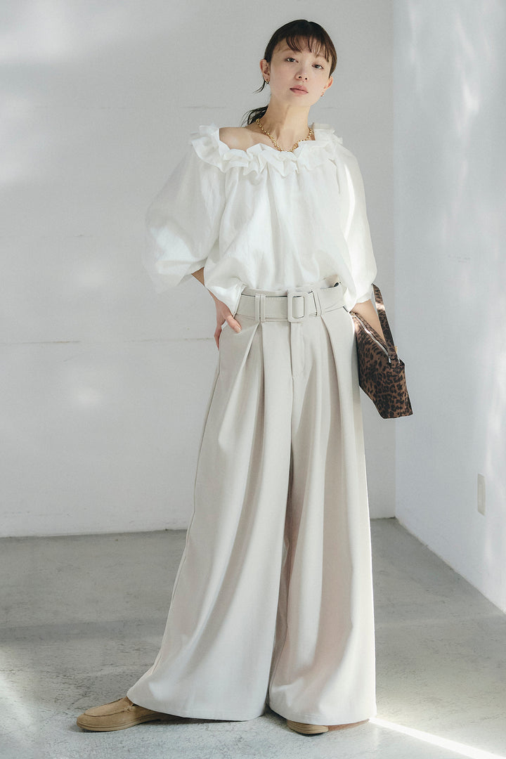 [SET]ネックフリルデザインブラウス+ベルト付きツータックワイドパンツ(2set)