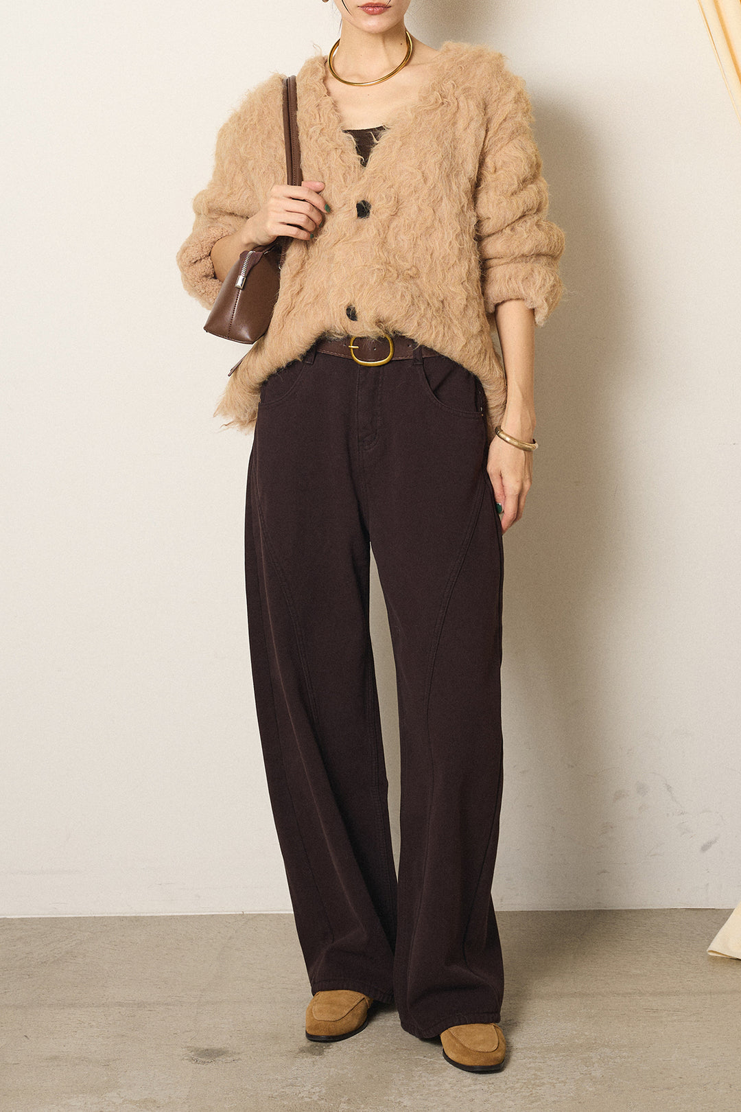 [SET]起毛シャギーニットカーディガン+ベルト付きカジュアルカーブワイドパンツ(2set)