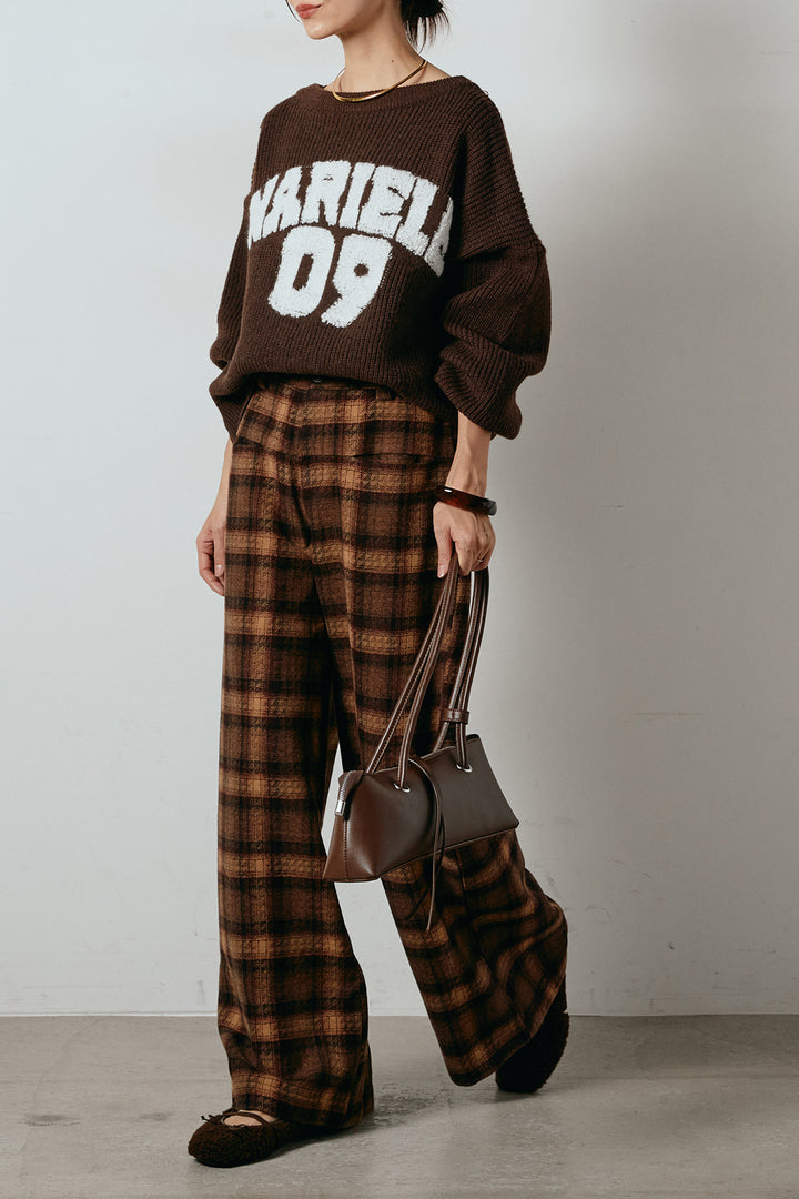 [SET]ロゴジャガードニットトップス+ルーズタータンチェックワイドパンツ(2set)