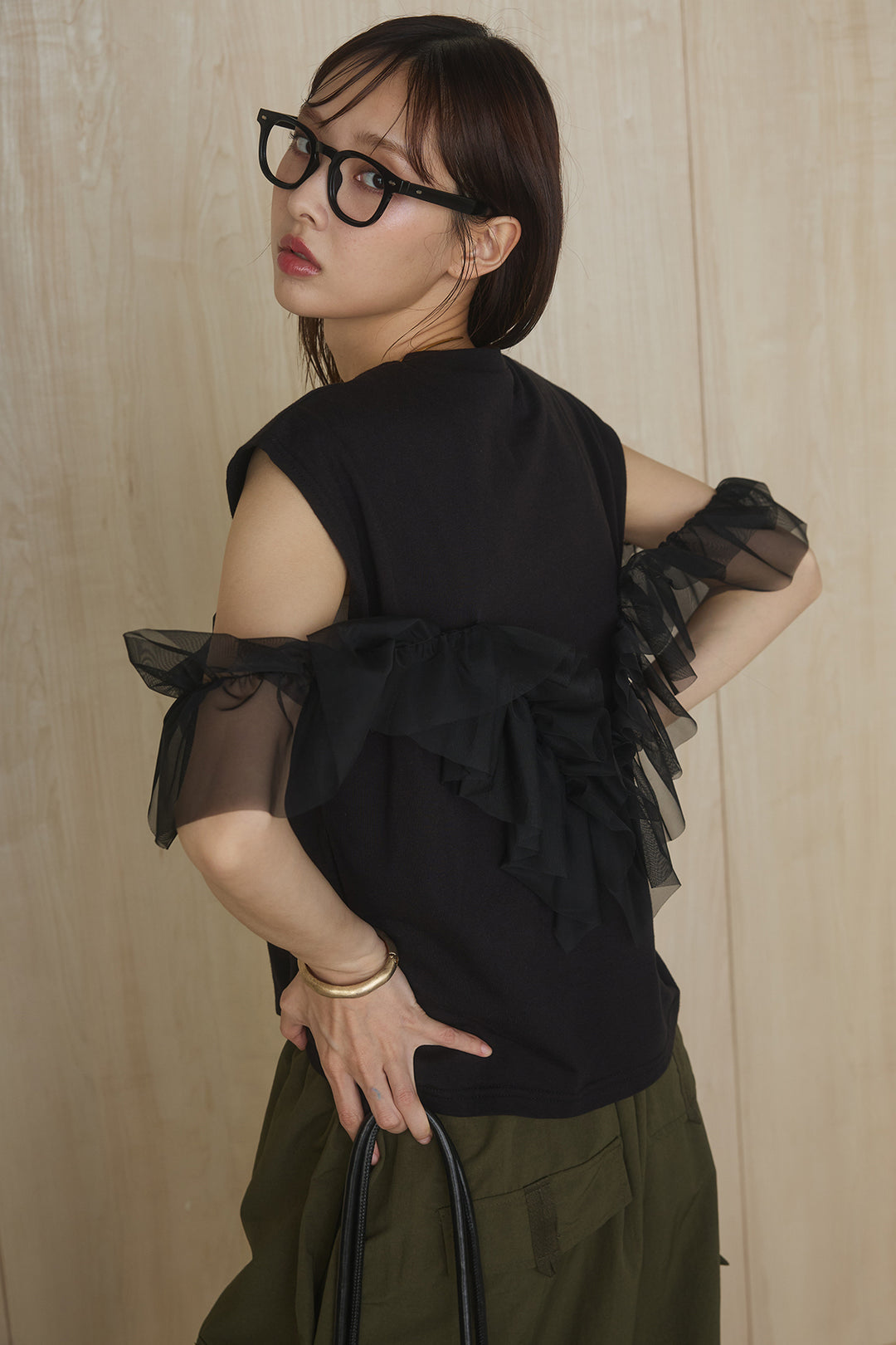 [SET]チュールフリルフレンチTシャツ+ルーズカーゴワイドパンツ(2set)