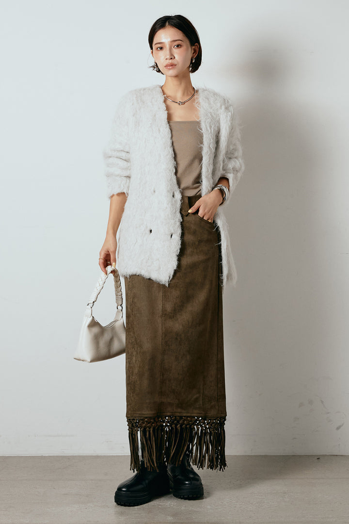 [SET]ウェーブシャギーニットジャケット+スウェードライク裾フリンジスカート(2set)