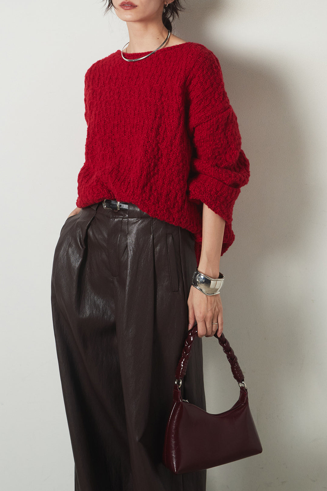 [SET]ボリューム編みニットプルオーバー+ベルト付きレザーライクタックパンツ(2set)