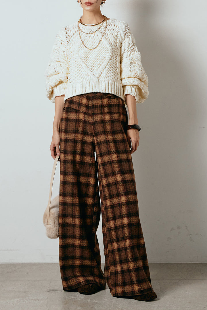 [SET]ロービングケーブルショート丈プルオーバー+ルーズタータンチェックワイドパンツ(2set)