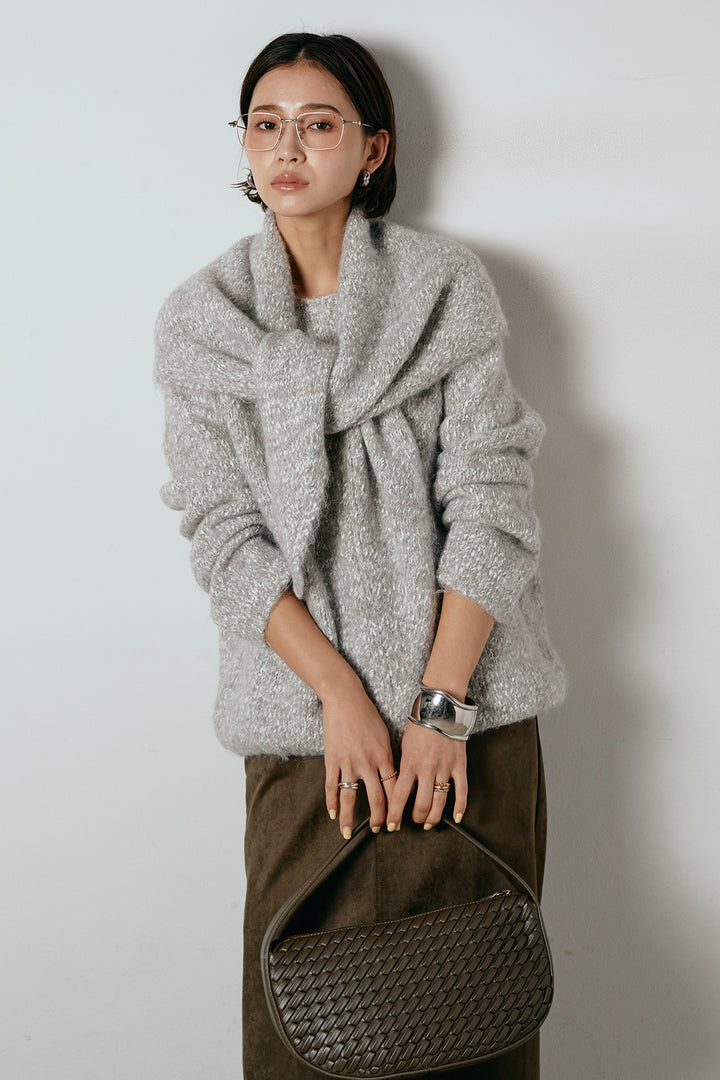 [SET]スカーフ付きミックスニットトップス+スウェードライク裾フリンジスカート(2set)