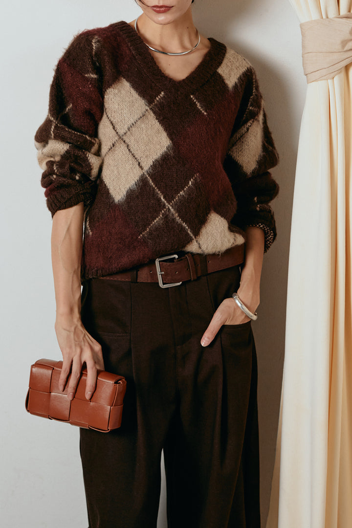[SET]アクリルモヘアアーガイルVネックプルオーバー+太ベルト付きタックデザインワイドパンツ(2set)