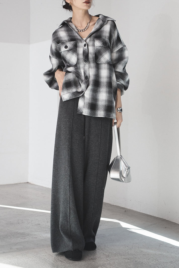 [SET]オンブレーチェックビッグシルエットCPOシャツ+センターラインニットパンツ(2set)