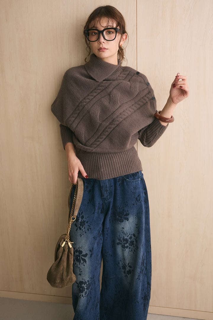 [SET]アシメカラーボタンケーブルニット+フラワーモチーフ刺繍カーブデニム(2set)