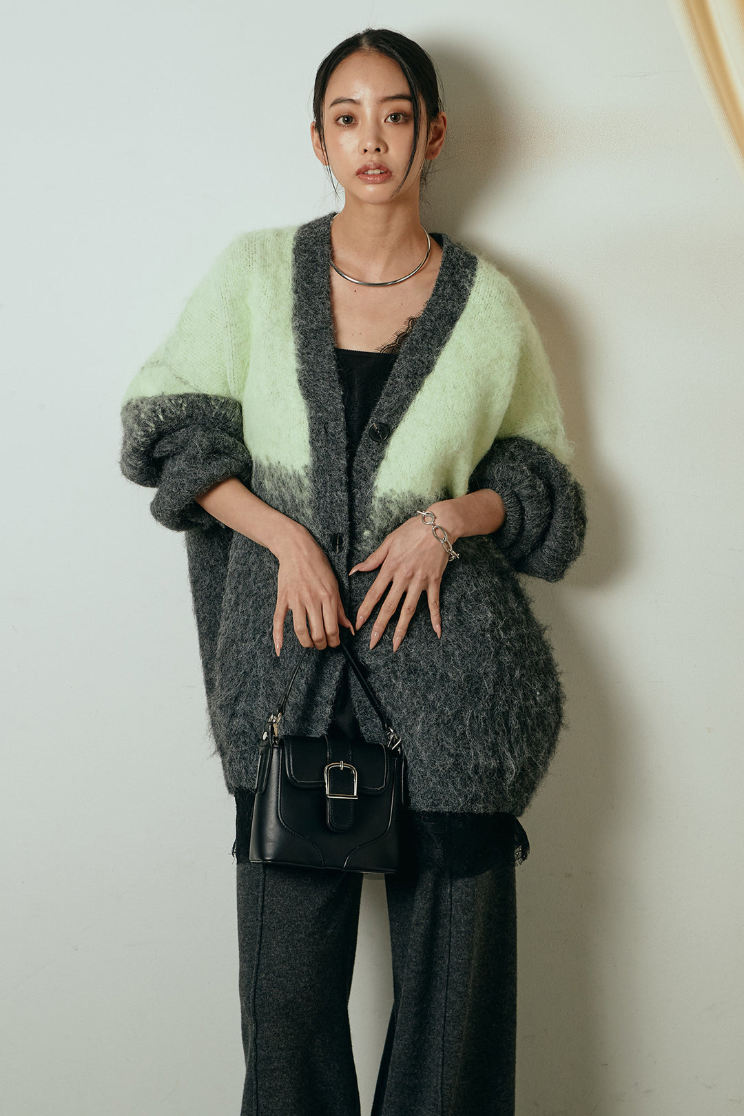 [SET]起毛グラデーションニットカーディガン+レース切り替えキャミソール(2set)