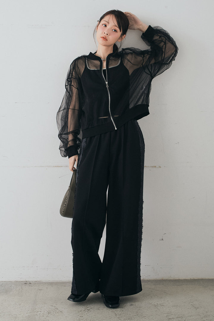 [SET]エアリーチュールスリーブシアーブルゾン+Wフェイスカットソーサイドレースラインパンツ(2set)