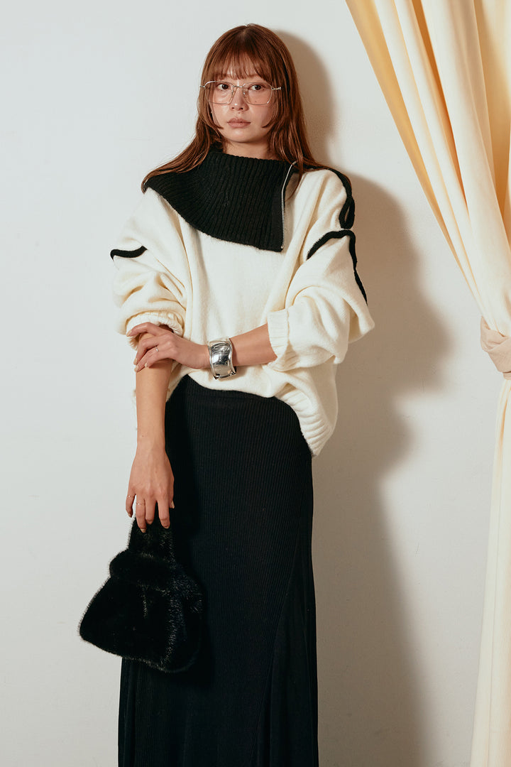 [SET]ハイネックジップデザインニットトップス+サイド切り替えリブニットロングスカート(2set)