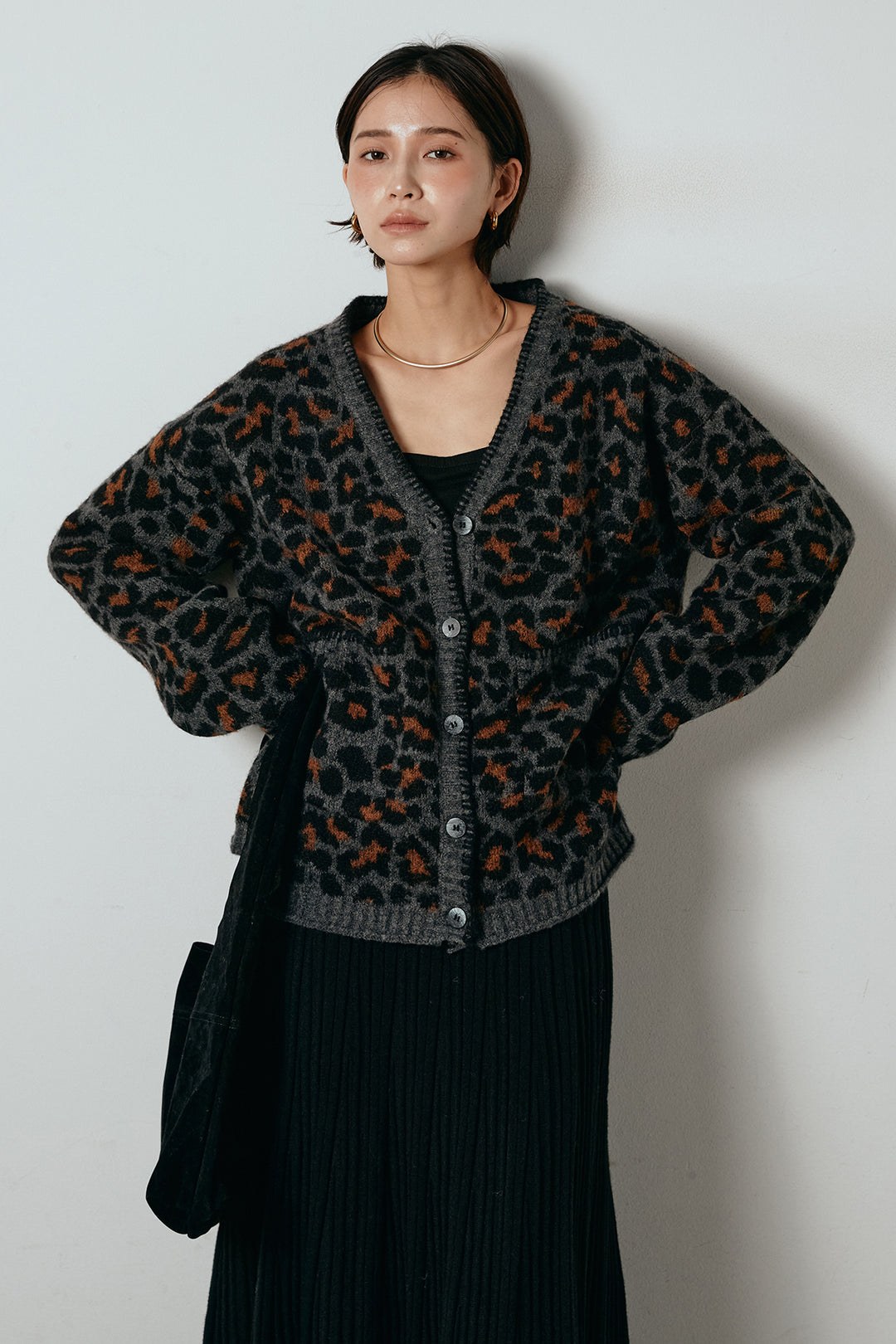 [SET]ステッチデザインレオパードニットカーディガン+リブニットフレアスカート(2set)