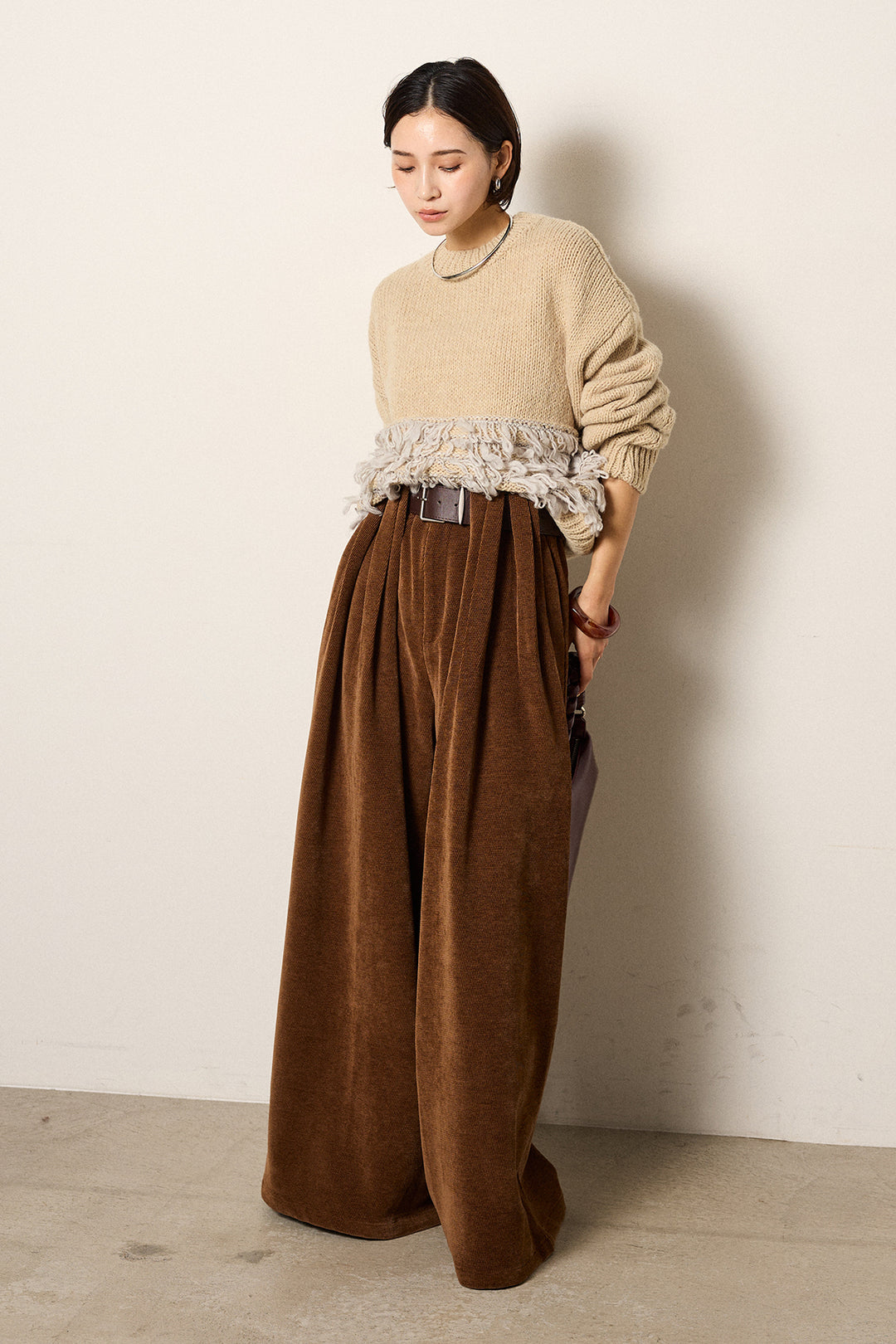 [SET]ループ編み切り替えニットプルオーバー+ベルトループコーデュロイワイドパンツ(2set)