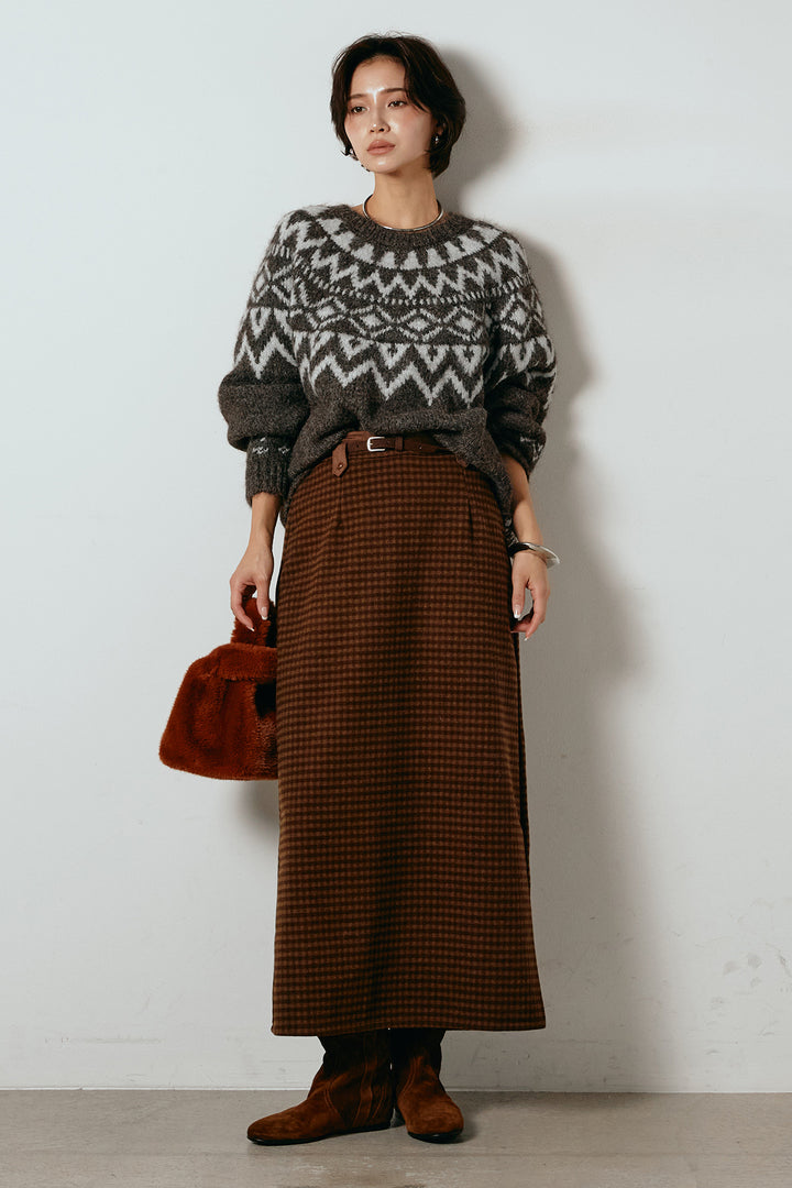 [SET]ノルディック柄Uネックプルオーバー+スエード調ベルト付きチェックナロースカート(2set)