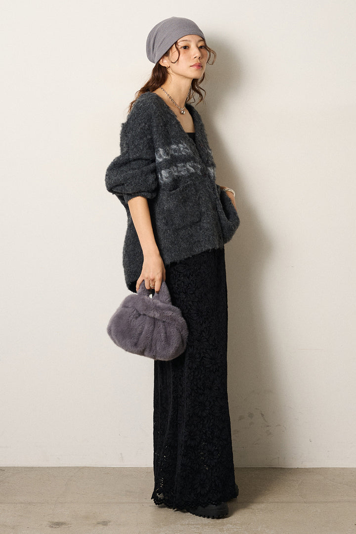 [SET]ウール混透かしロゴニットカーディガン+花柄刺繍ベロアフレアスカート(2set)