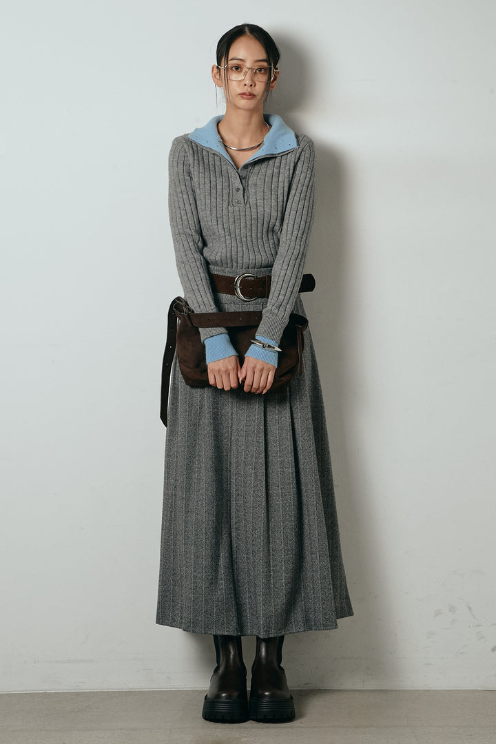 [SET]レイヤード風リブニットトップス+太ベルト付きヘリンボーンプリーツスカート(2set)