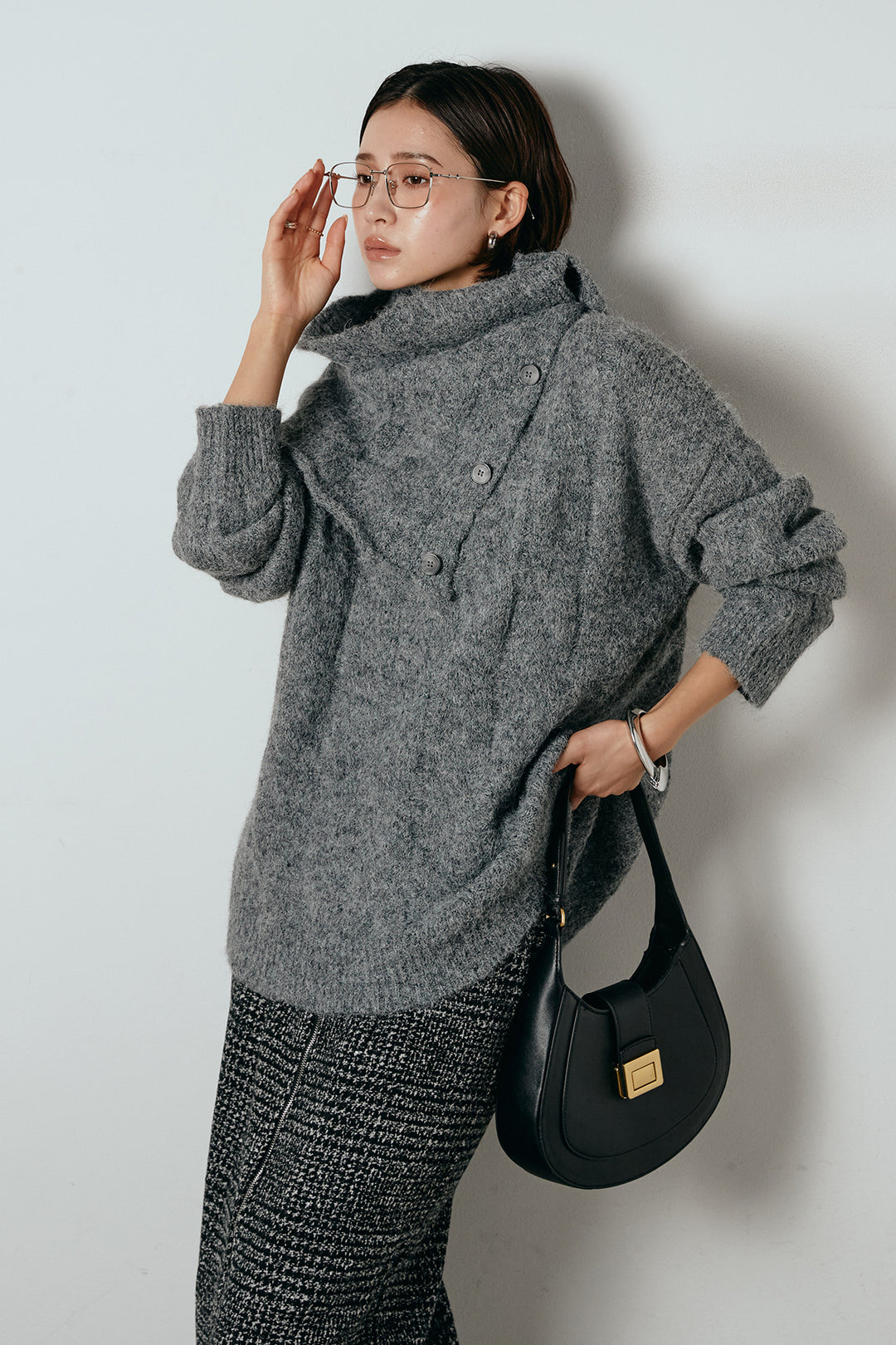 [SET]ケープデザインケーブルニットトップス+グレンチェック柄フロントジップタイトスカート(2set)