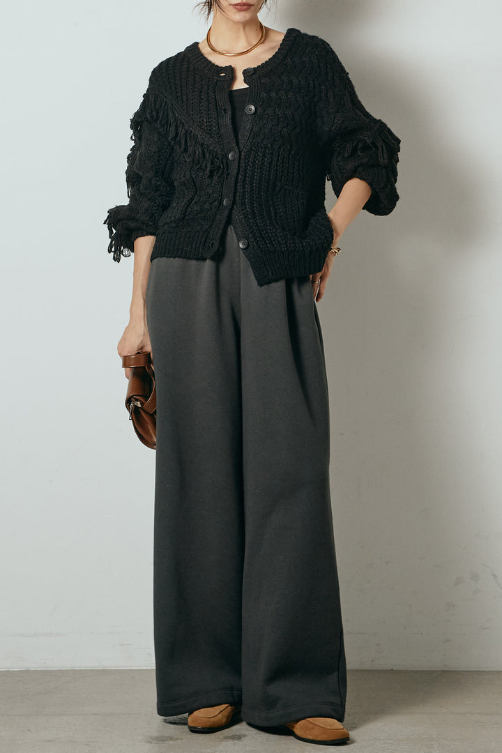 [SET]ランダムフリンジニットカーディガン+裏起毛スウェットワイドパンツ(2set)