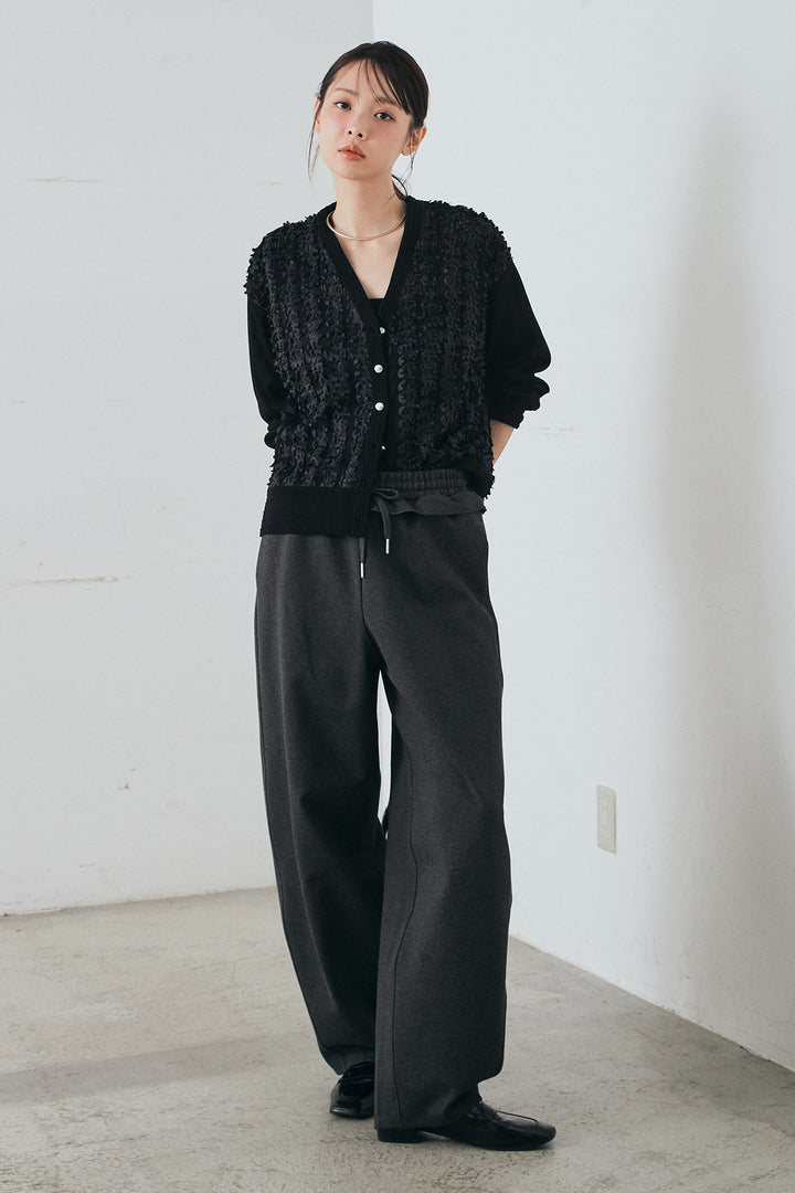 [SET]モコレースVネックカーディガン+カットダンボールウエストフリルカーブパンツ(2set)