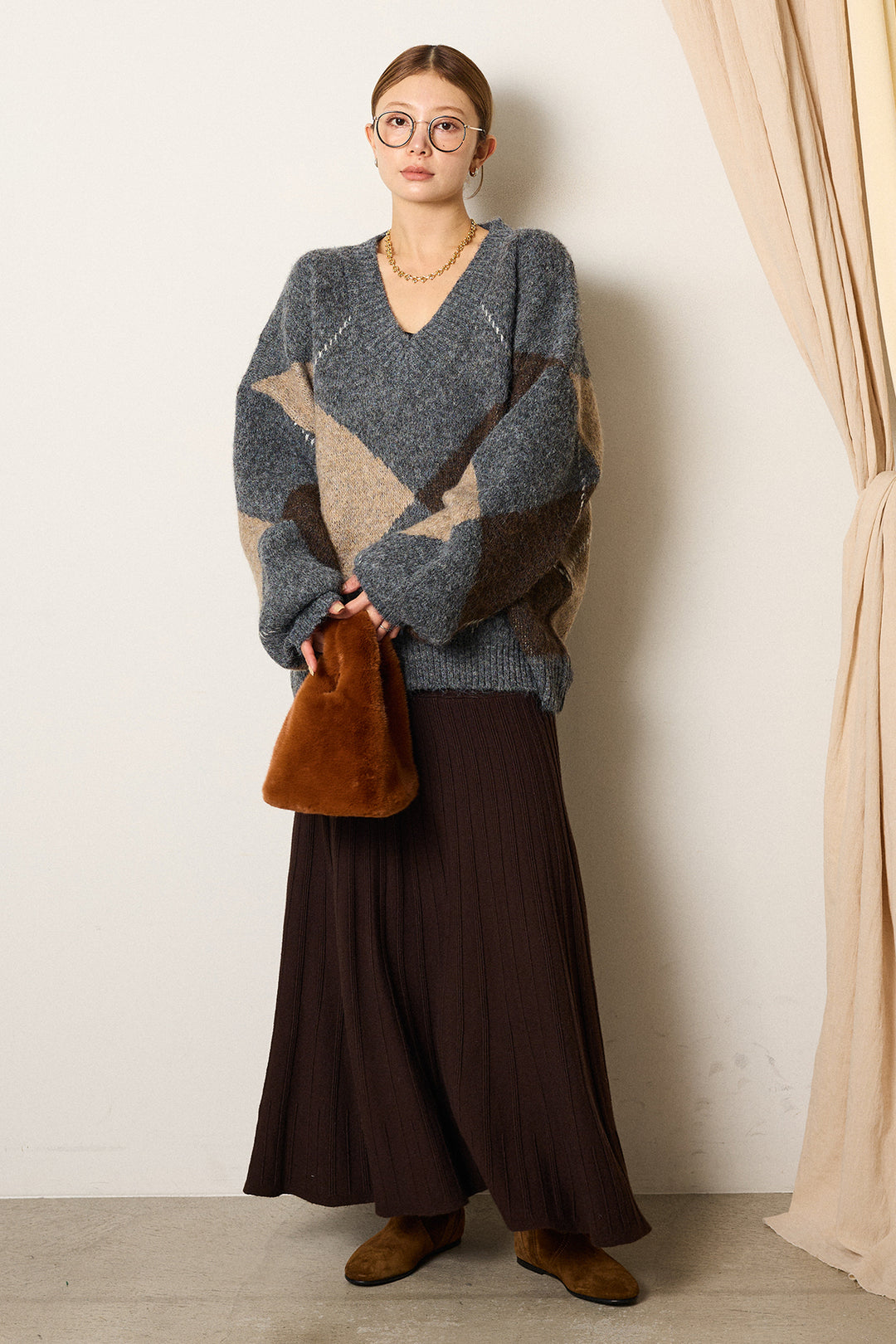 [SET]ルーズアーガイルVネックニット+編み地切り替えフレアニットスカート(2set)