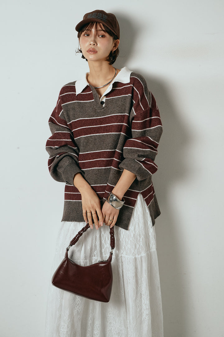 [SET]ラガーニットボーダーポロプルオーバー+ひげレース切替ロング丈スカート(2set)