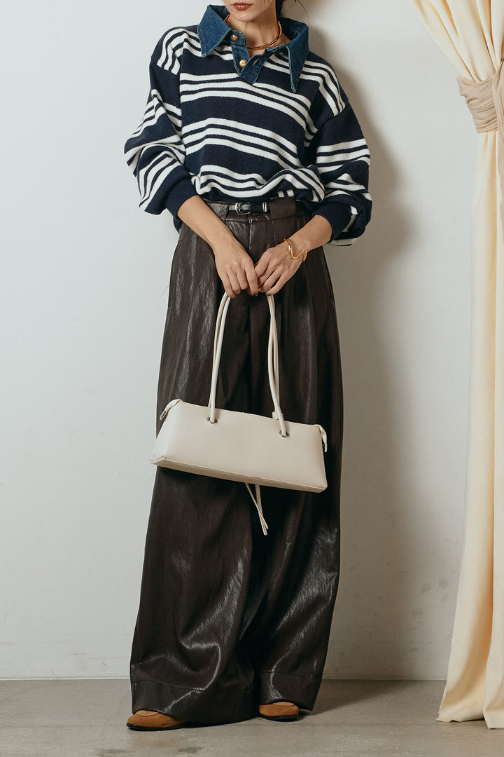 [SET]デニムレイヤード風ランダムボーダーニットプルオーバー+ベルト付きレザーライクタックパンツ(2set)