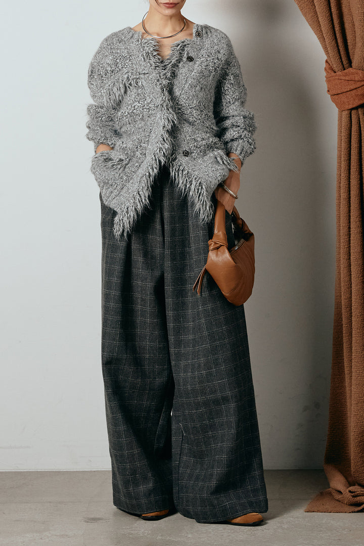 [SET]フリンジニットカーディガン+ウールライクチェックタックパンツ(2set)