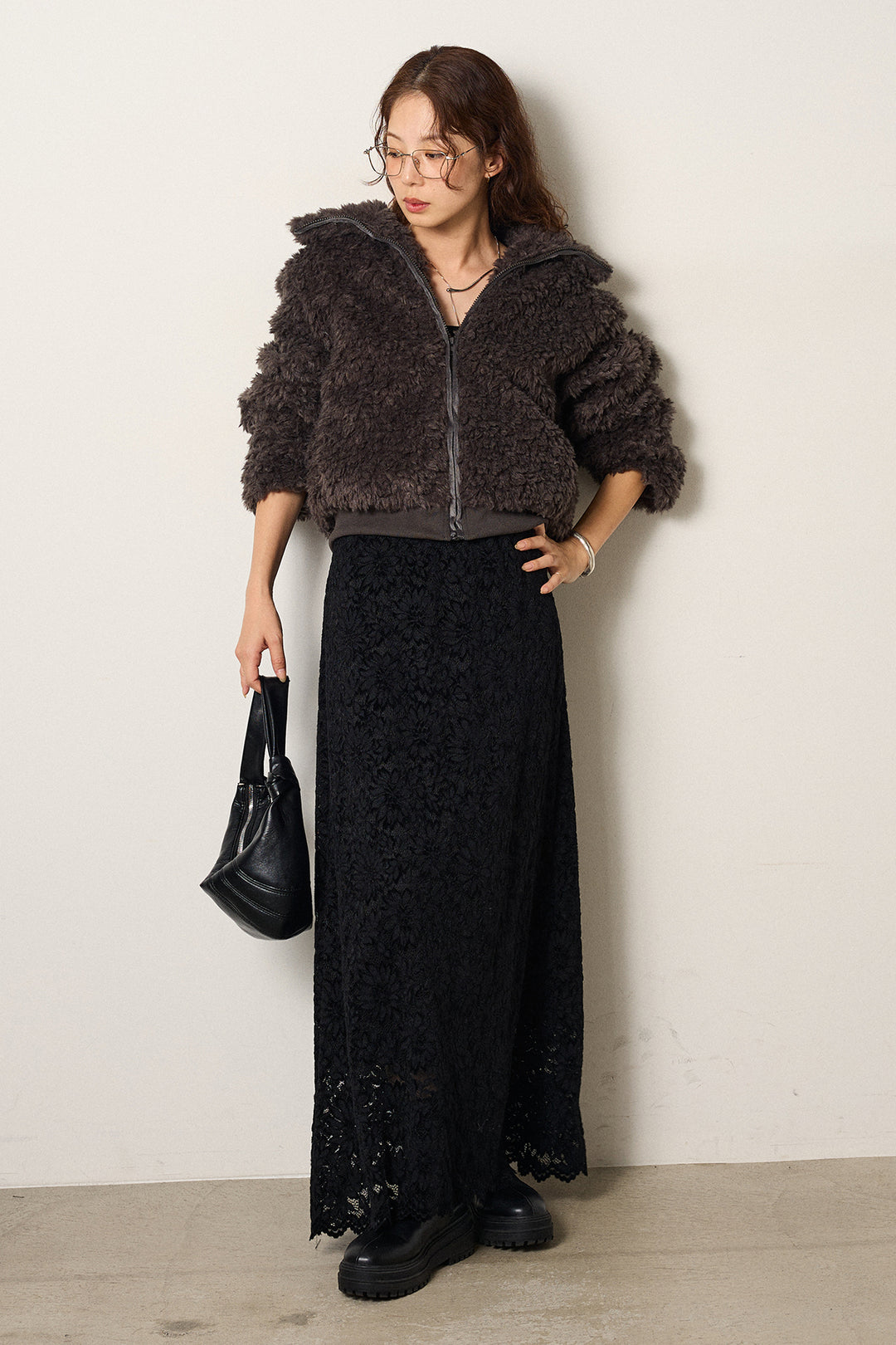 [SET]スタンドカラー裾リブボアブルゾン+花柄刺繍ベロアフレアスカート(2set)