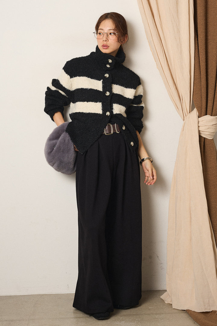[SET]ハイネックボーダーニットカーディガン+フェイクレザー太ベルト付きタックワイドパンツ(2set)