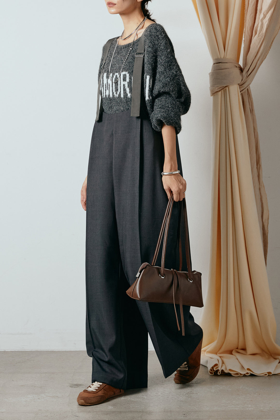 [SET]フロントロゴデザインニットトップス+ワイドツイルサロペット(2set)