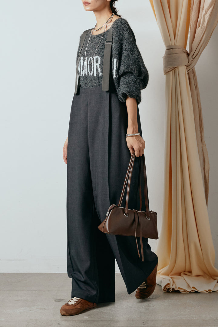 [SET]フロントロゴデザインニットトップス+ワイドツイルサロペット(2set)