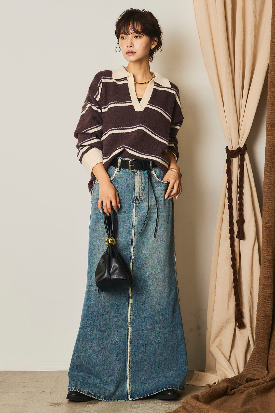 【即納】フェイクレザー太ベルト付きデニムワイドスカート