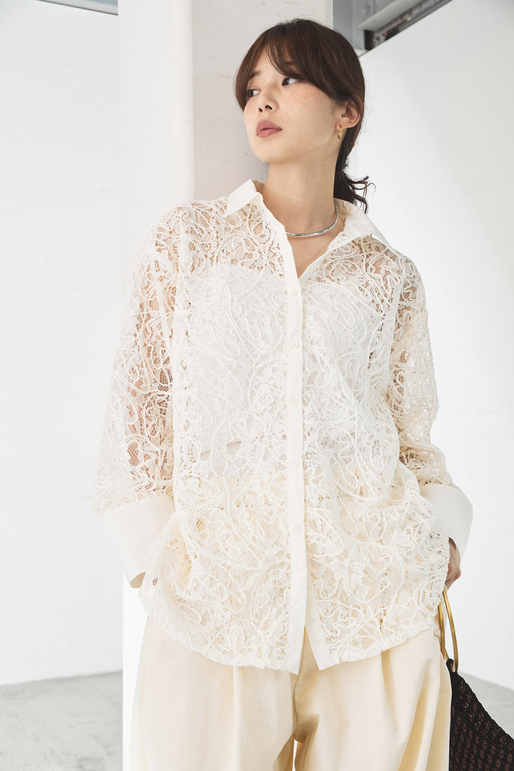 [SET]刺繍レースオーバーサイズシャツ+合繊ツイルパイピングタックカーブパンツ(2set)