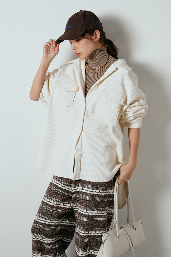 [SET]襟付きコーデュロイポケットシャツ+リブニットシームレスタートルプルオーバー+マルチライン柄リラックスニットパンツ(3set)