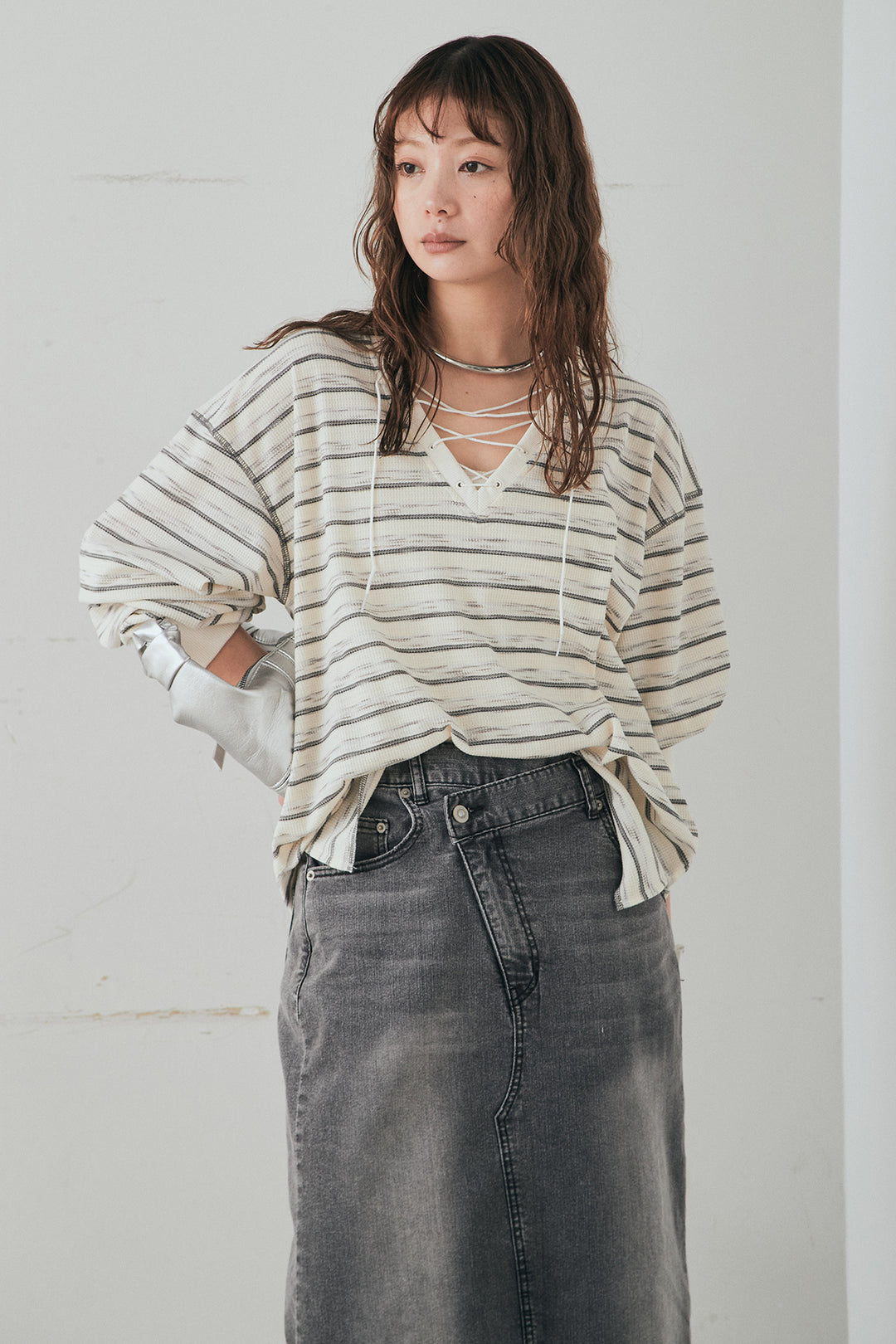 [SET]レースアップワッフルボーダートップス+ウエストクロスデニムタイトスカート(2set)