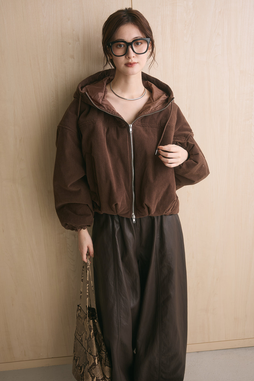 [SET]コーデュロイフーディバルーンブルゾン+フェイクレザーカーブワイドパンツ(2set)