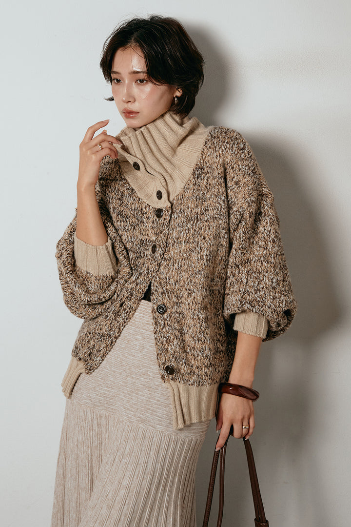 [SET]ハイネックミックスニットカーディガン+編み地切り替えフレアニットスカート(2set)